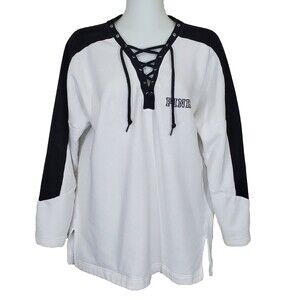 Victorias Secret PINK Sweatshirt Medium Lace Up Rose Embroidered Varsity Fleece